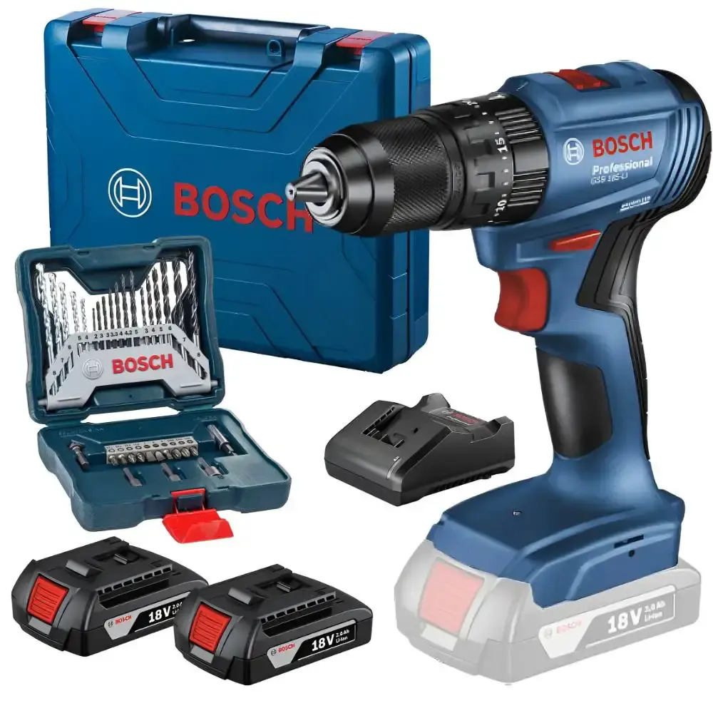 Parafusadeira furadeira impacto 18V 2 baterias GSB185-LI Bosch + 33 peças x-line Bivolt — fotografia de referência
