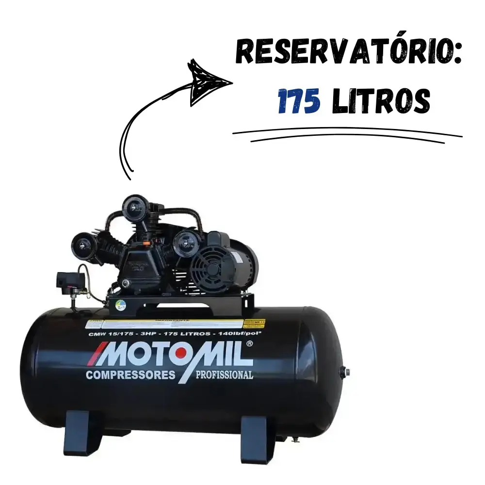 Compressor 15 pés 3 HP 175 litros 3 pistões CMW com motor monofásico MotoMil — fotografia 2