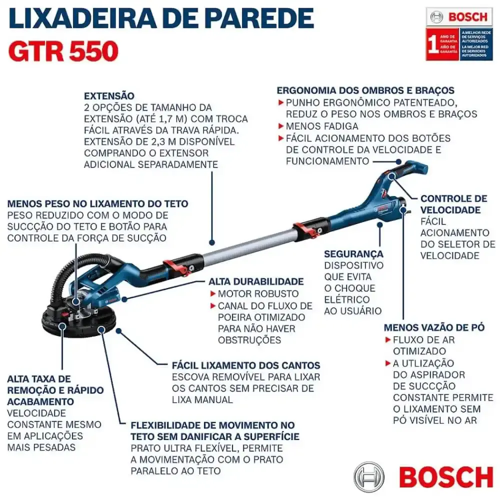 Lixadeira de parede e teto telescópica 550W GTR550 Bosch 110 V — fotografia 11