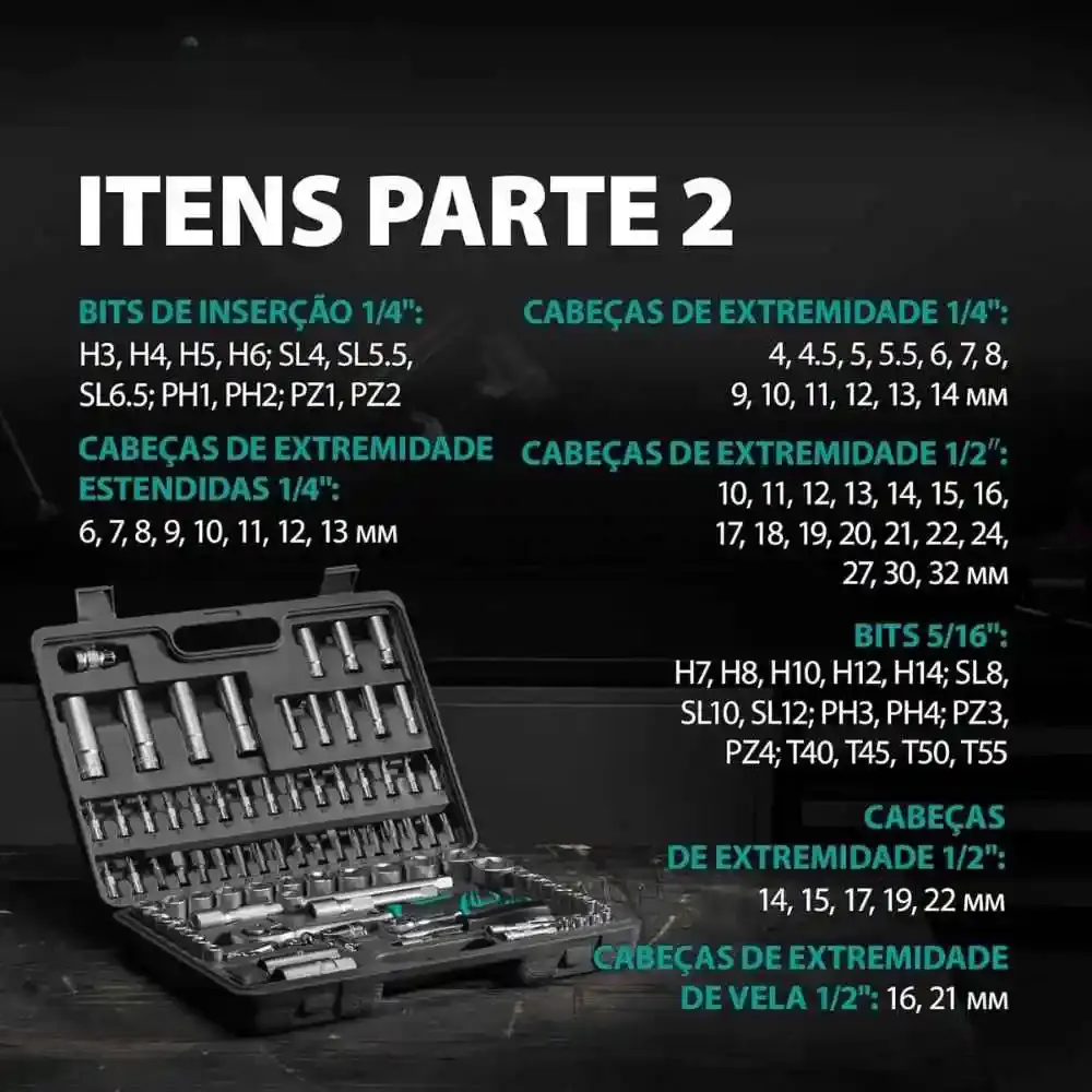 Jogo de soquetes e catraca encaixe 1/2 e 1/4 POL aço cr-v kit com 94 peças Stels — fotografia 8