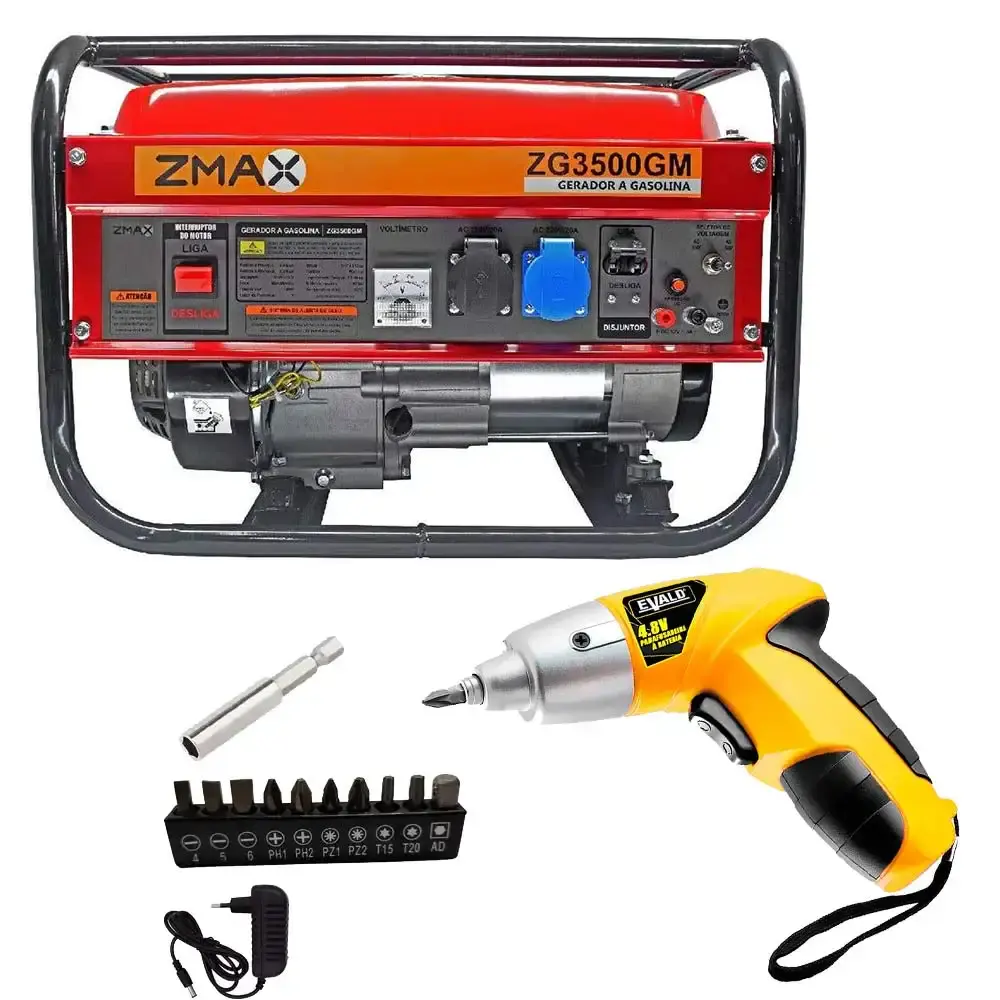 Gerador de energia à gasolina 3,5 KVA 4T bivolt Zmax + parafusadeira 4,8V com kit