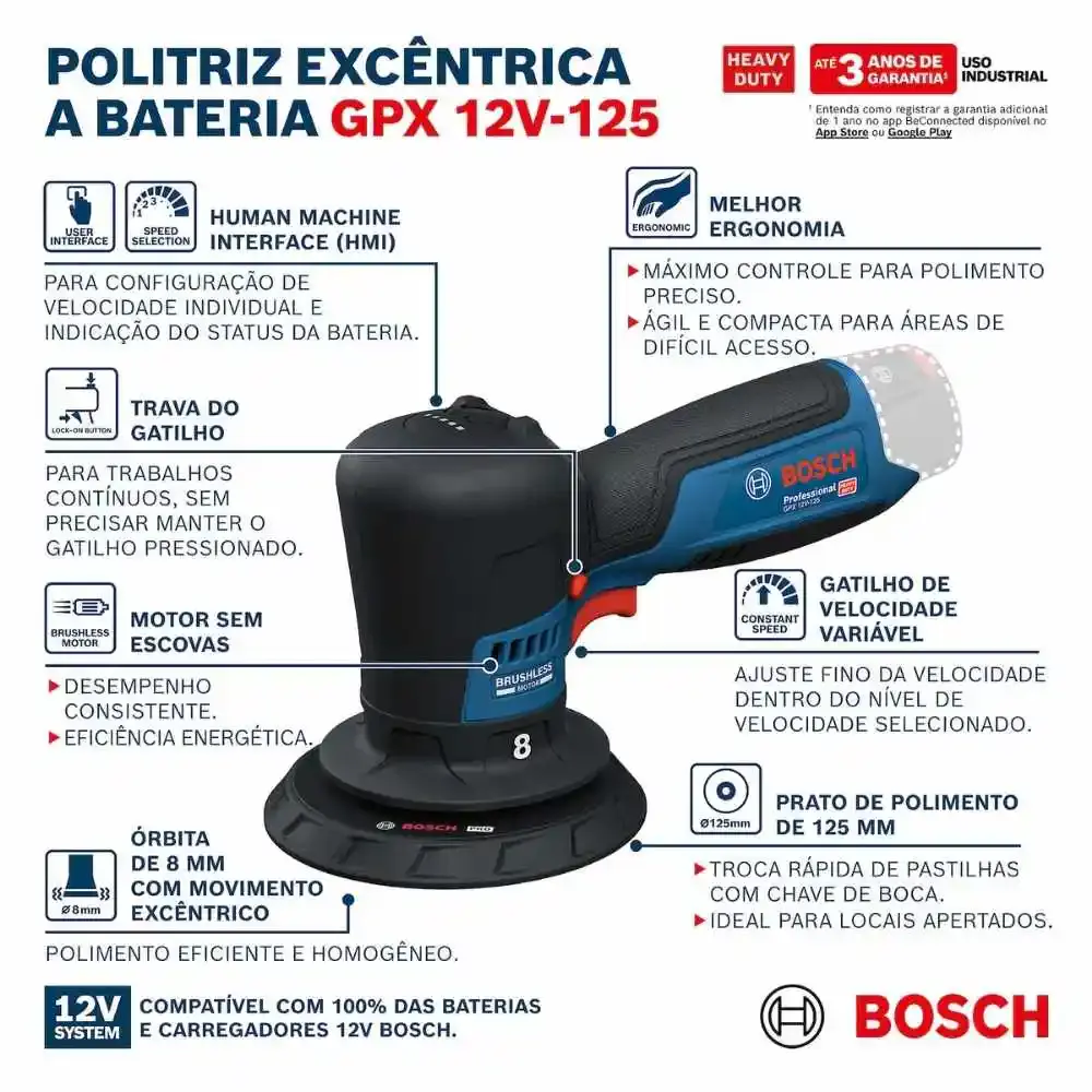 Politriz excêntrica a bateria 12V 125 MM sem carregador e bateria GPX 12V-125 Bosch — fotografia 8