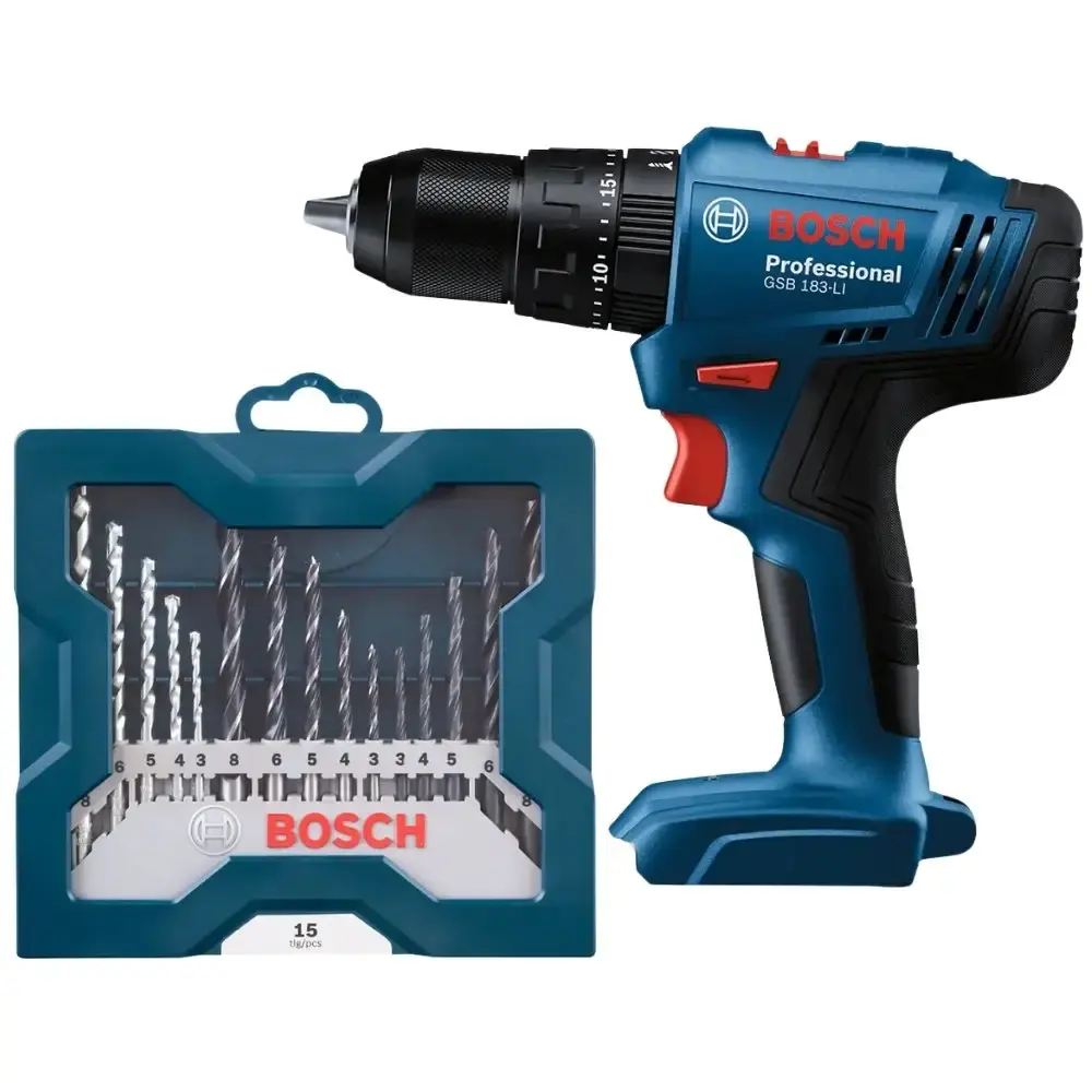 Parafusadeira furadeira impacto 2 baterias e carregador GSB183-LI com estojo 15 peças mini x-line Bosch — fotografia 3