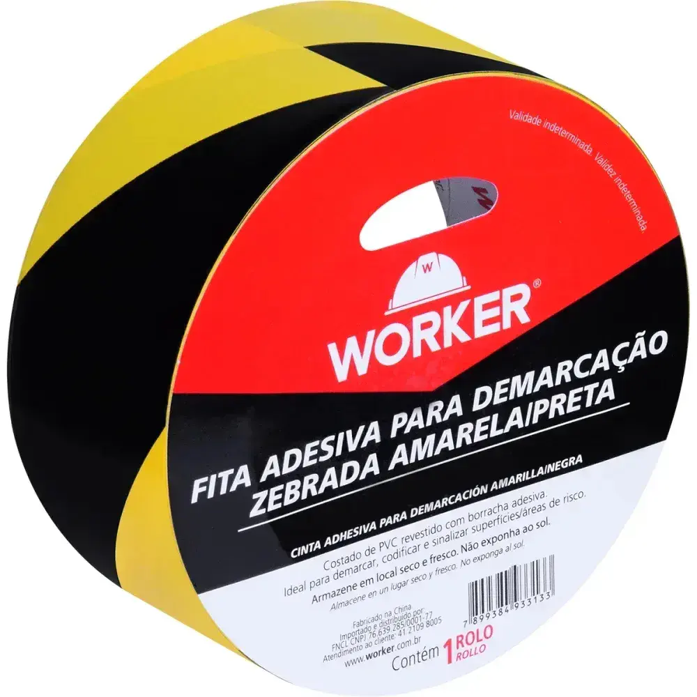 Fita adesiva para demarcação zebrada amarelo e preto 48MM x 30M Worker — fotografia 5