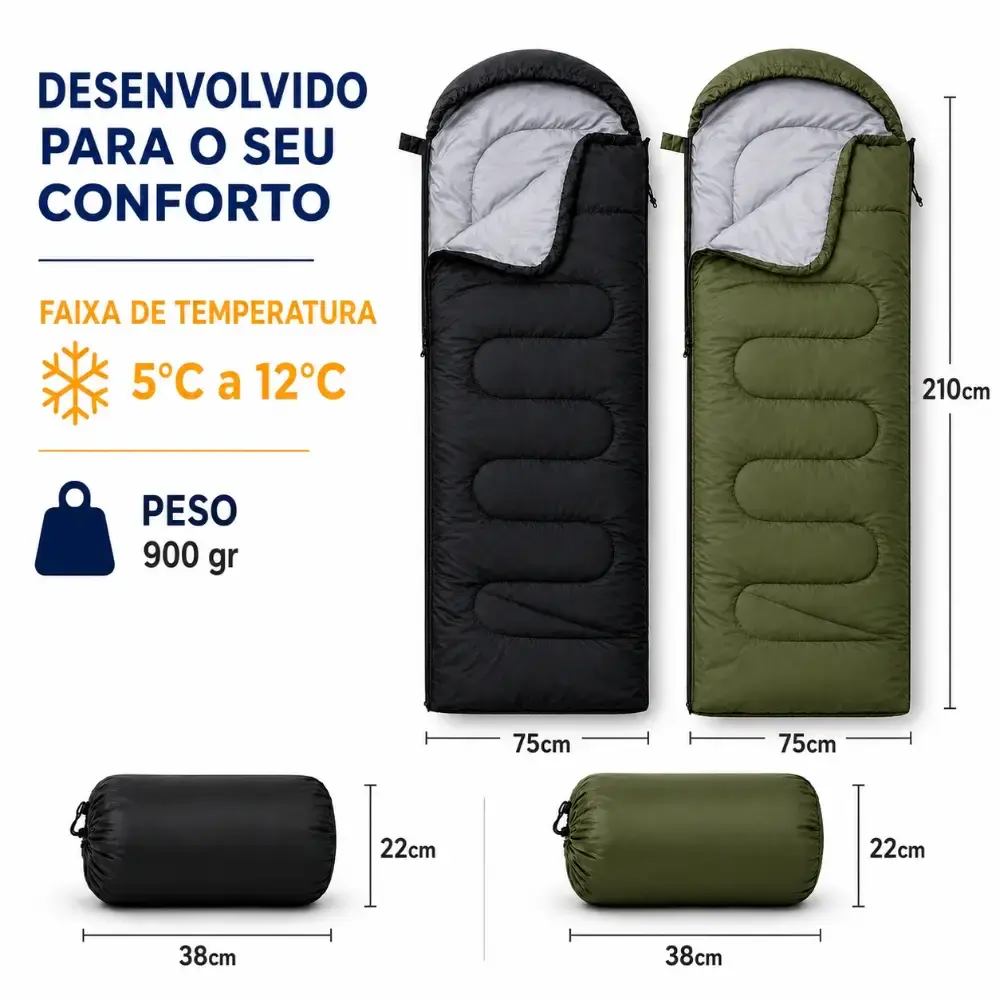 Saco de Dormir Camping Pesca Impermeável Confortável 2,10 x 72 CM c/ Capuz e Bolsa ZELT Verde — fotografia 2