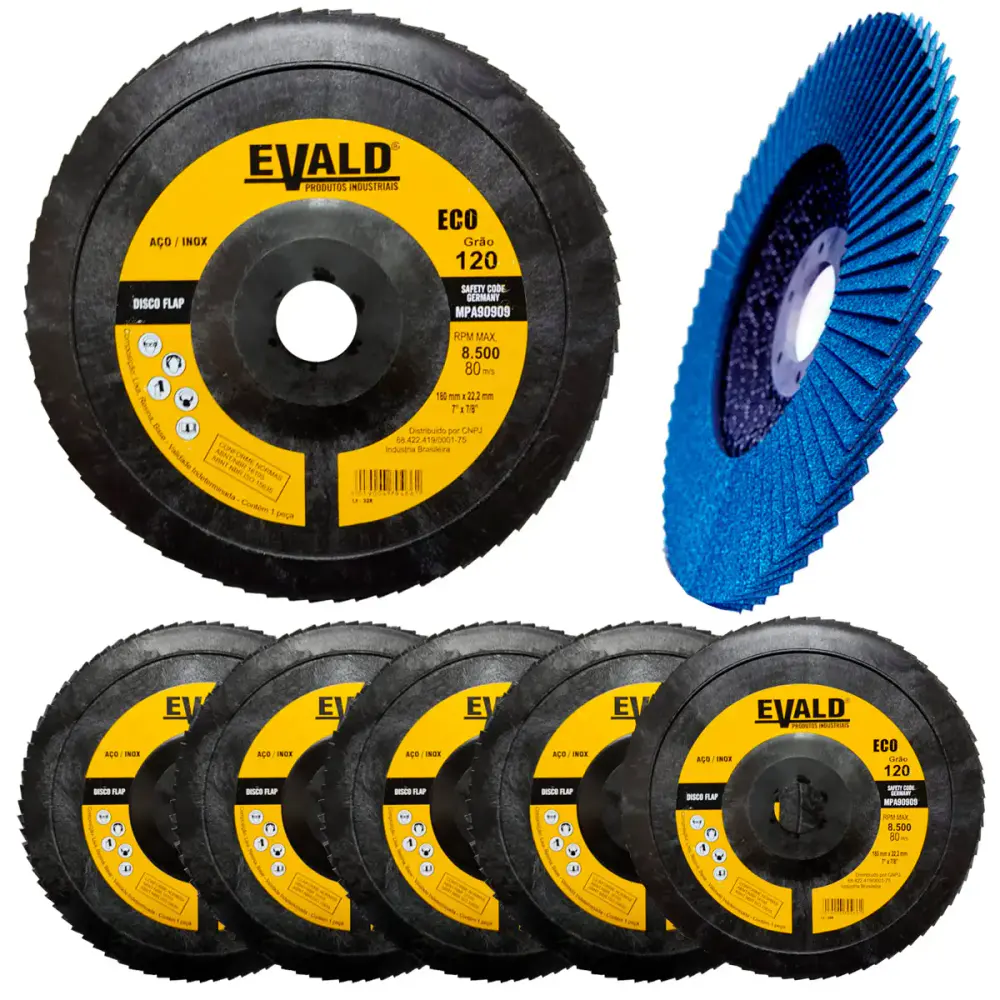 Disco de Lixa Flap Zirconio 7 POL 180 mm Aço Inox Grão 120 Kit 5 Unidades EVALD