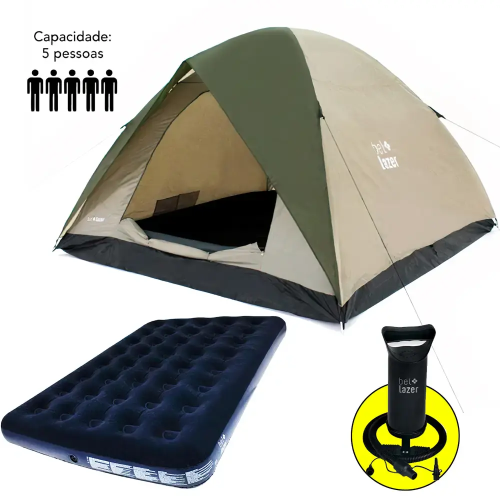 Kit Camping Barraca Araguaia Alta Premium até 5 Pessoas + Colchão Inflável de Casal + Bomba