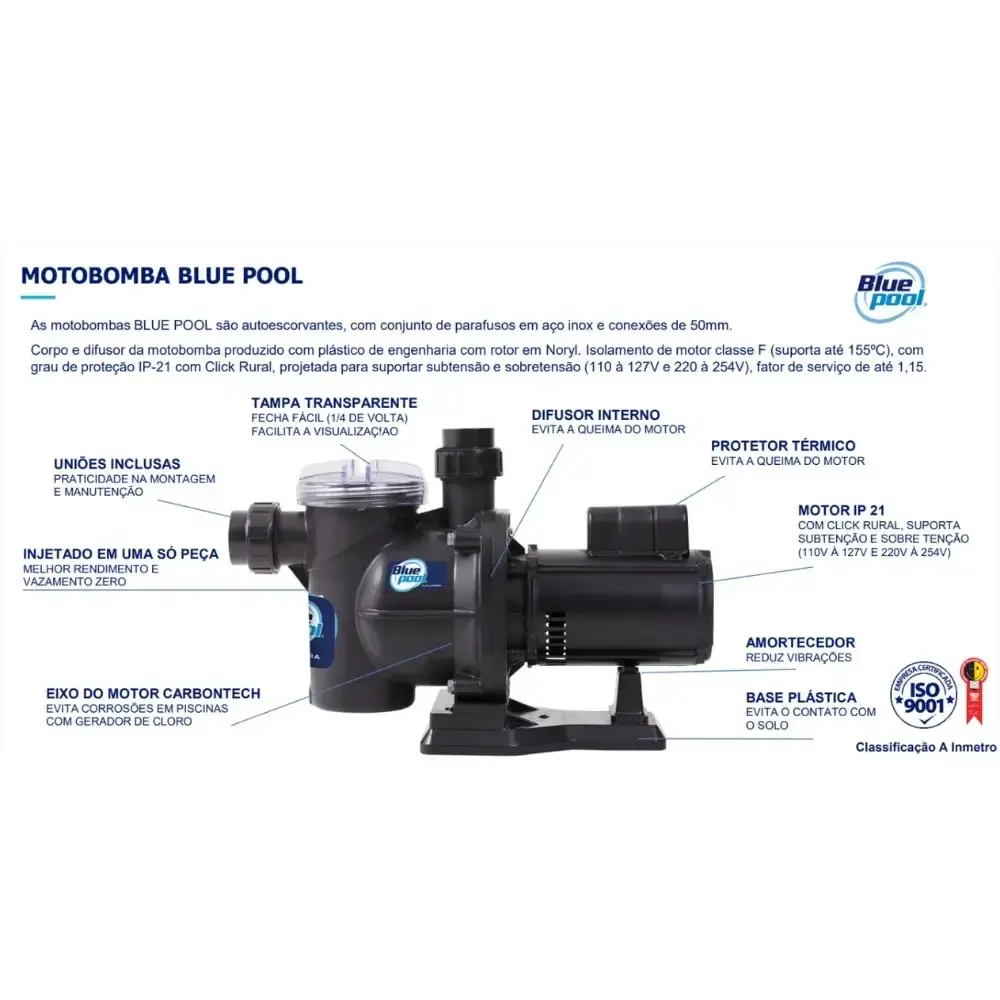 Bomba para piscina 1CV mono IP21 com proteção eletrica Bluepool — fotografia 4