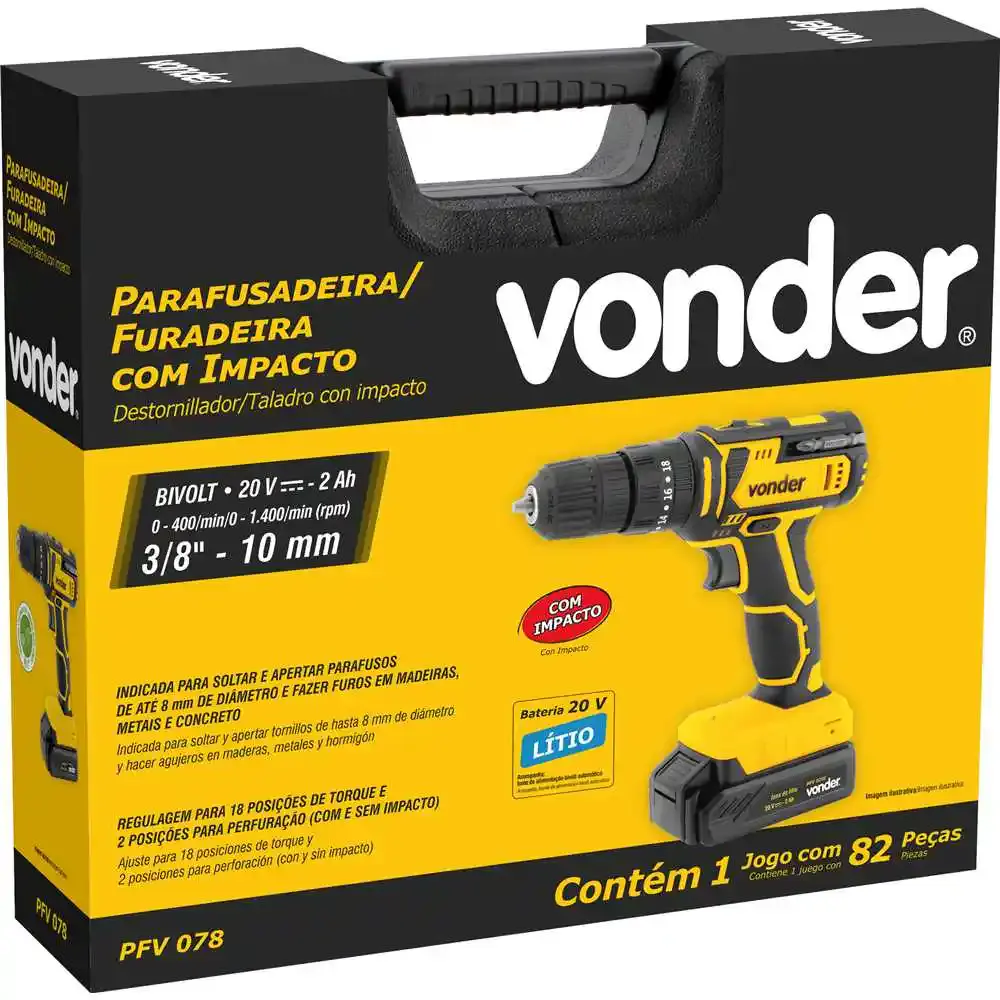 Parafusadeira furadeira de impacto FPV078 3/8 pol. 20V com bateria lí-íon 2,0AH maleta e acessórios vonder Bivolt Vonder Cross — fotografia 4