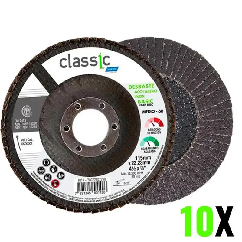 Disco de lixa flap 4.1/2 POL grão 60 kit 10 unidades classic basic Norton — fotografia de referência