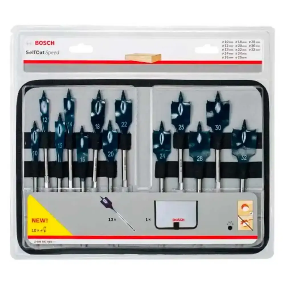 Kit Brocas Chatas Encaixe 1/4 POL p/ Madeira Estojo 13 Peças 10-32 MM X 152 MM BOSCH — fotografia de referência