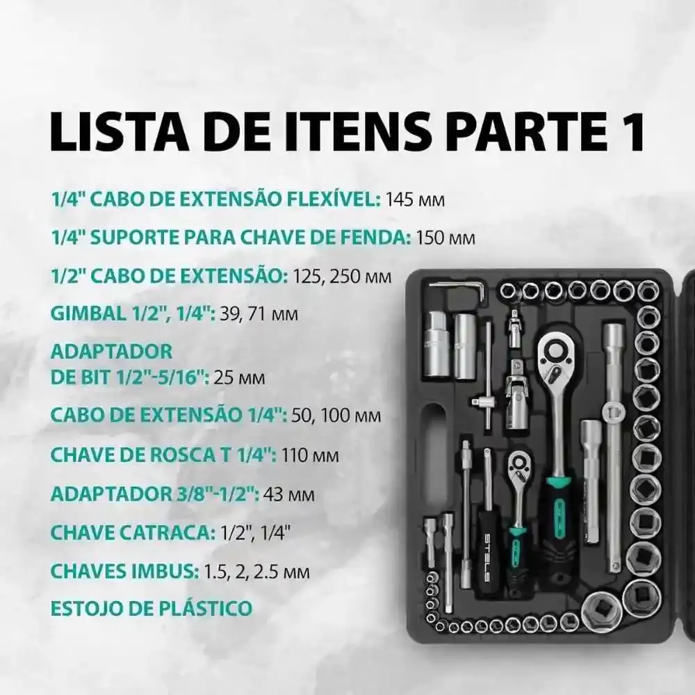 Jogo de soquetes e catraca encaixe 1/2 e 1/4 POL aço cr-v kit com 94 peças Stels — fotografia 7
