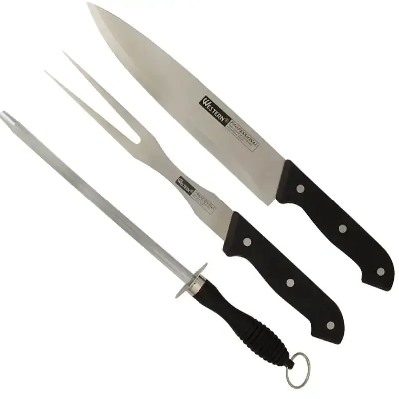 Kit churrasco 3 peças com faca. garfo trinchante e chaira Western