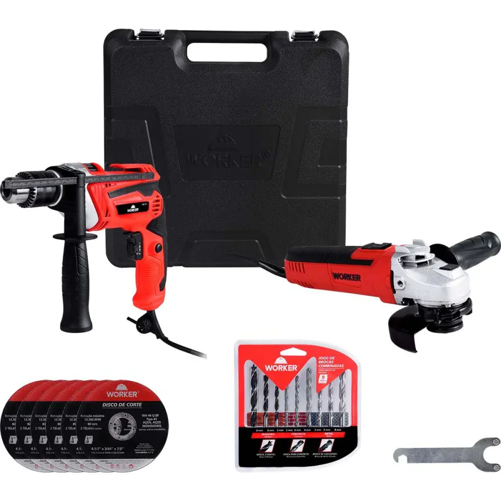 Kit esmerilhadeira 650W furadeira impacto 710W 24PEÇ 127V Worker