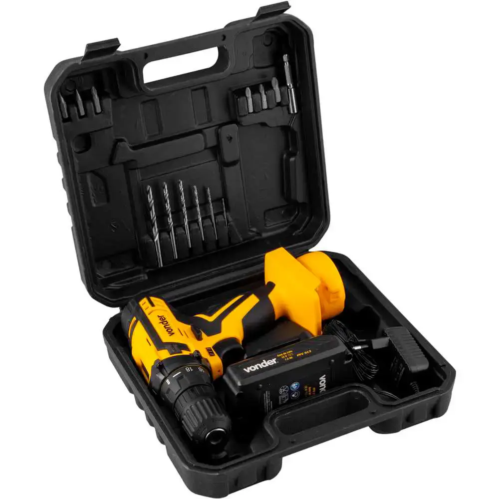 Furadeira e parafusadeira à bateria 12V bivolt PFV 012 kit brocas bits e trena Vonder — fotografia 5