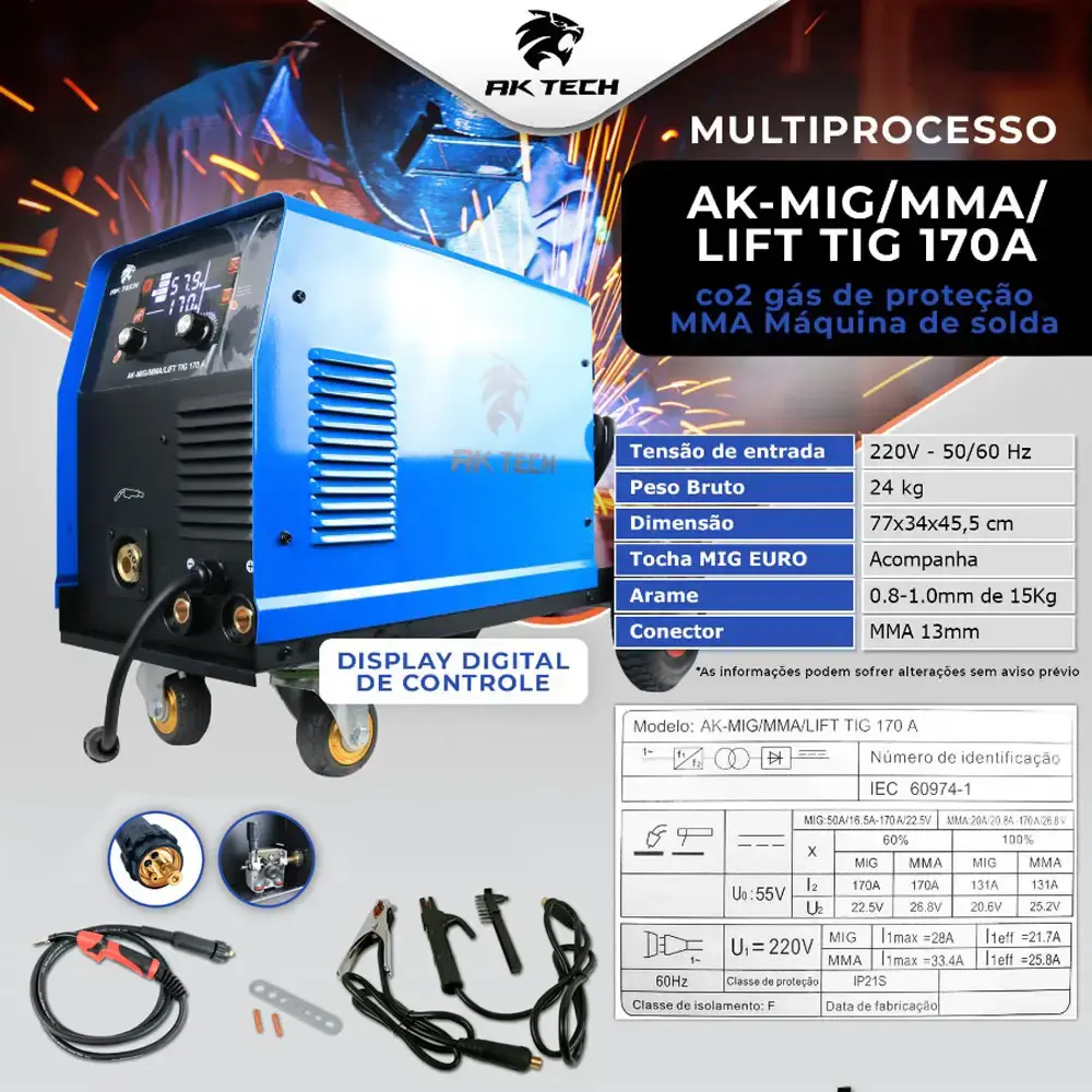 Máquina de solda MIG TIG eletrodo multiprocessos 170A ak-mig/mma/lift TIG 170A AK teck USK 220 V — fotografia 5