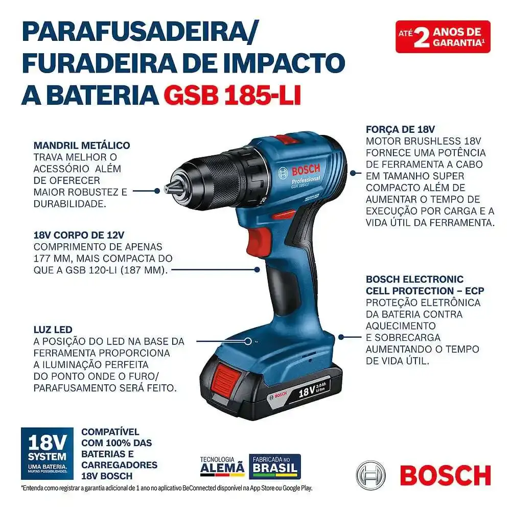 Furadeira e parafusadeira 18V com impacto GSB 180-LI 54NM com 1 bateria e carregador bivolt Bosch — fotografia 8
