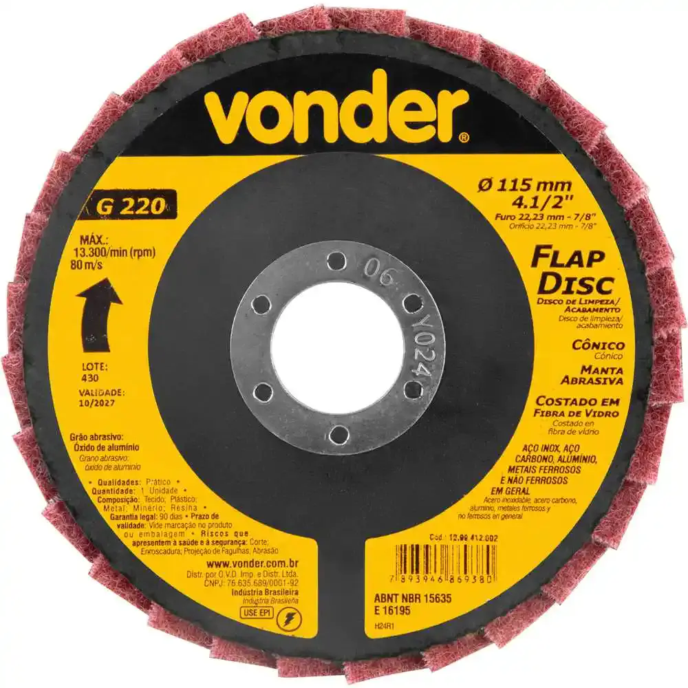 Disco de limpeza e acabamento flap 4.1/2POL manta abrasiva médio Vonder