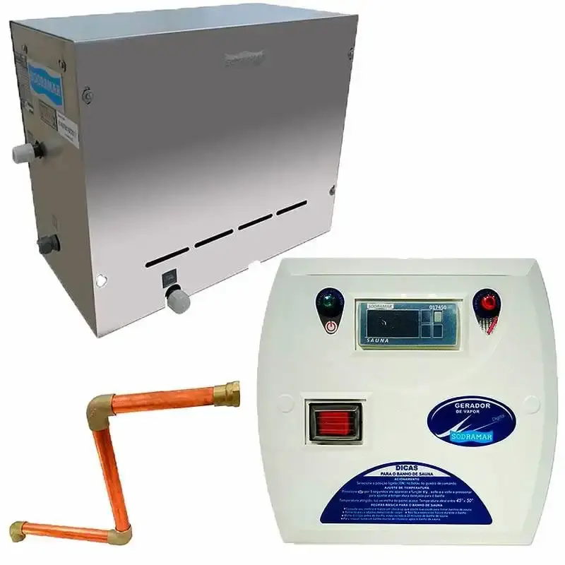 Gerador de vapor inox sauna 12,0KW 220V com quadro analógico, termostato e kit instalação Sodramar 220 V