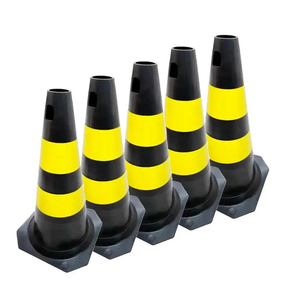 Kit 5 cone sinalizador rígido PLT de PVC amarelo e preto 50 CM Plastcor