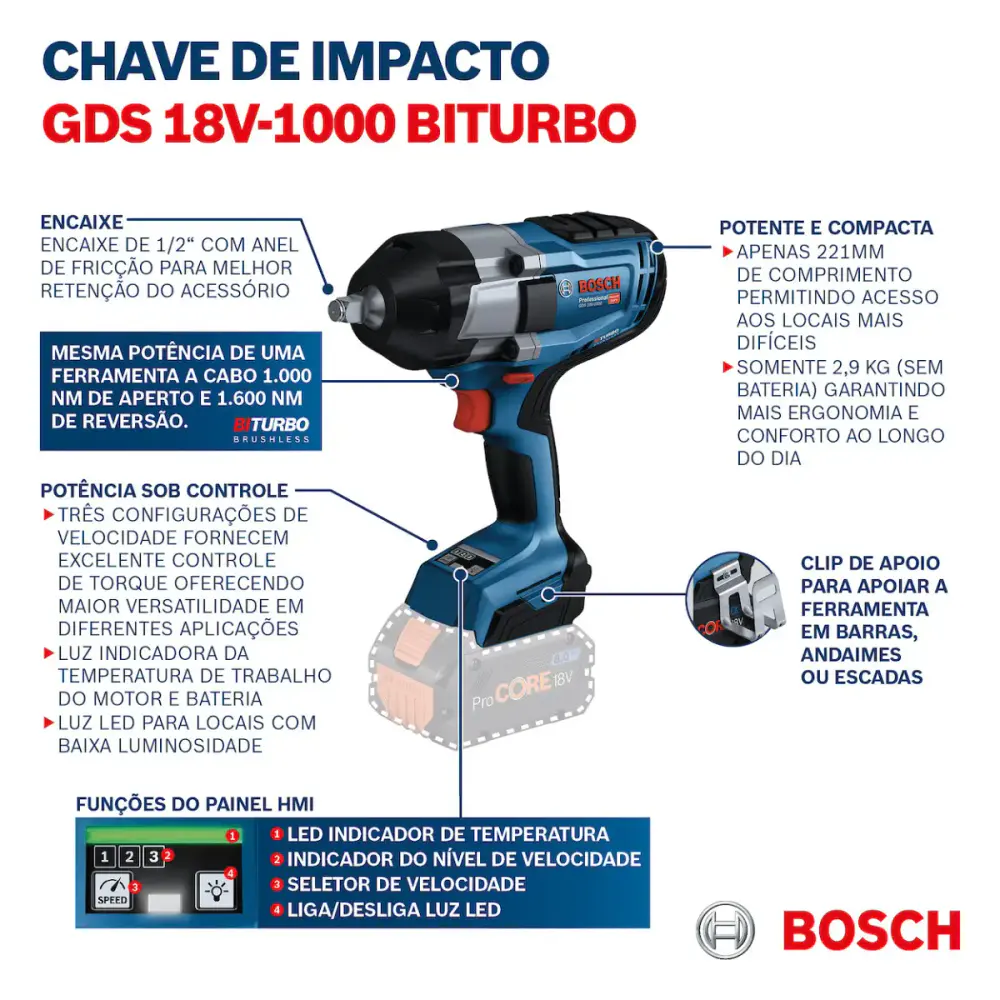 Chave de impacto à bateria 18V 1/2 POL brushless 1000NM sem bateria e carregador GDS18V-1000 Bosch — fotografia 8