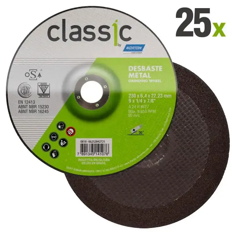 Disco de Desbaste Metal 9 POL x 6.4 MM Furo 7/8 POL Classic Kit 25 Peças NORTON