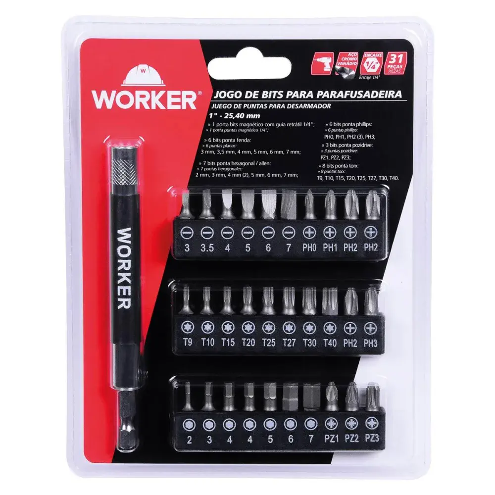 Jogo de bits para parafusadeira com 31PÇS 1” 25,40MM Worker — fotografia 2