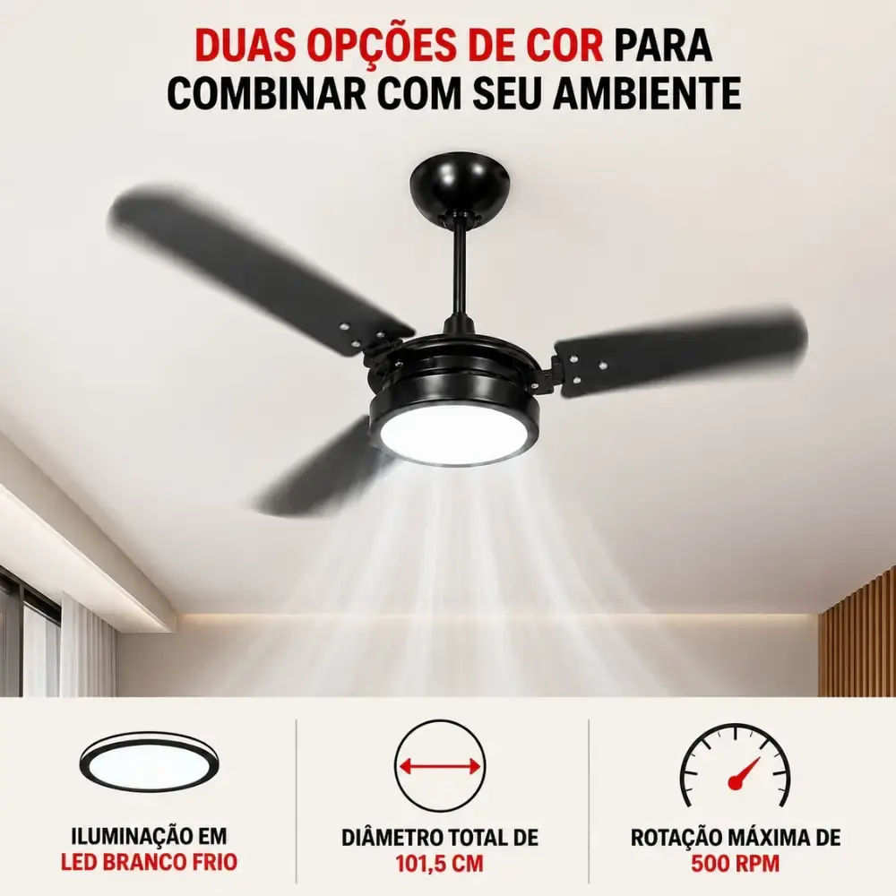 Ventilador de teto ventus 3 pás com LED 6K casa LYS Branco 220 V — fotografia 7