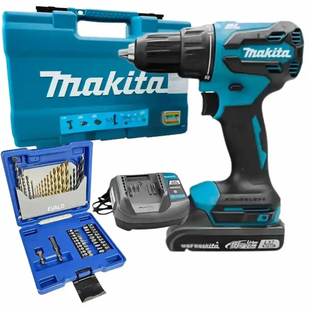 Parafusadeira de impacto bateria 18V carregador e maleta 74PÇS Makita estojo de brocas 41 pçs evald