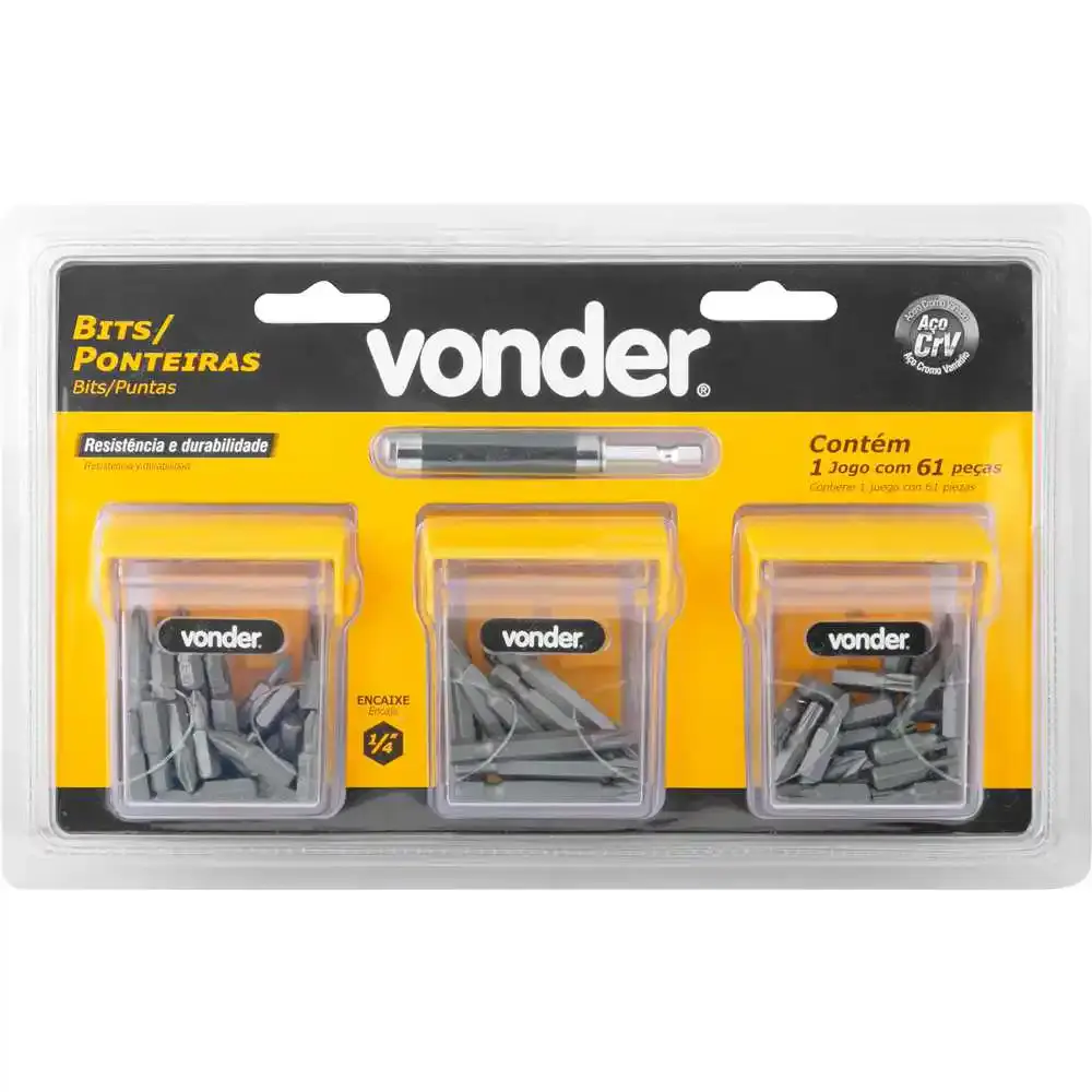 Conjunto de bits e ponteiras em cromo vanádio 61 peças 1/4 polegada Vonder — fotografia 2