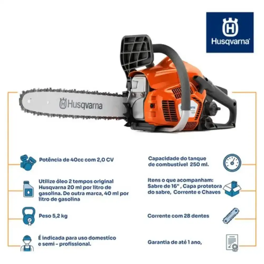 Motosserra Gasolina Husqvarna 125 16 Pol. 40cc 2hp + oleo — fotografia 5