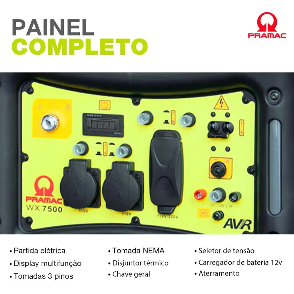 Gerador à gasolina 7.5 KVA digital com avr 4T WX7500 bivolt com bateria Pramac — fotografia 3
