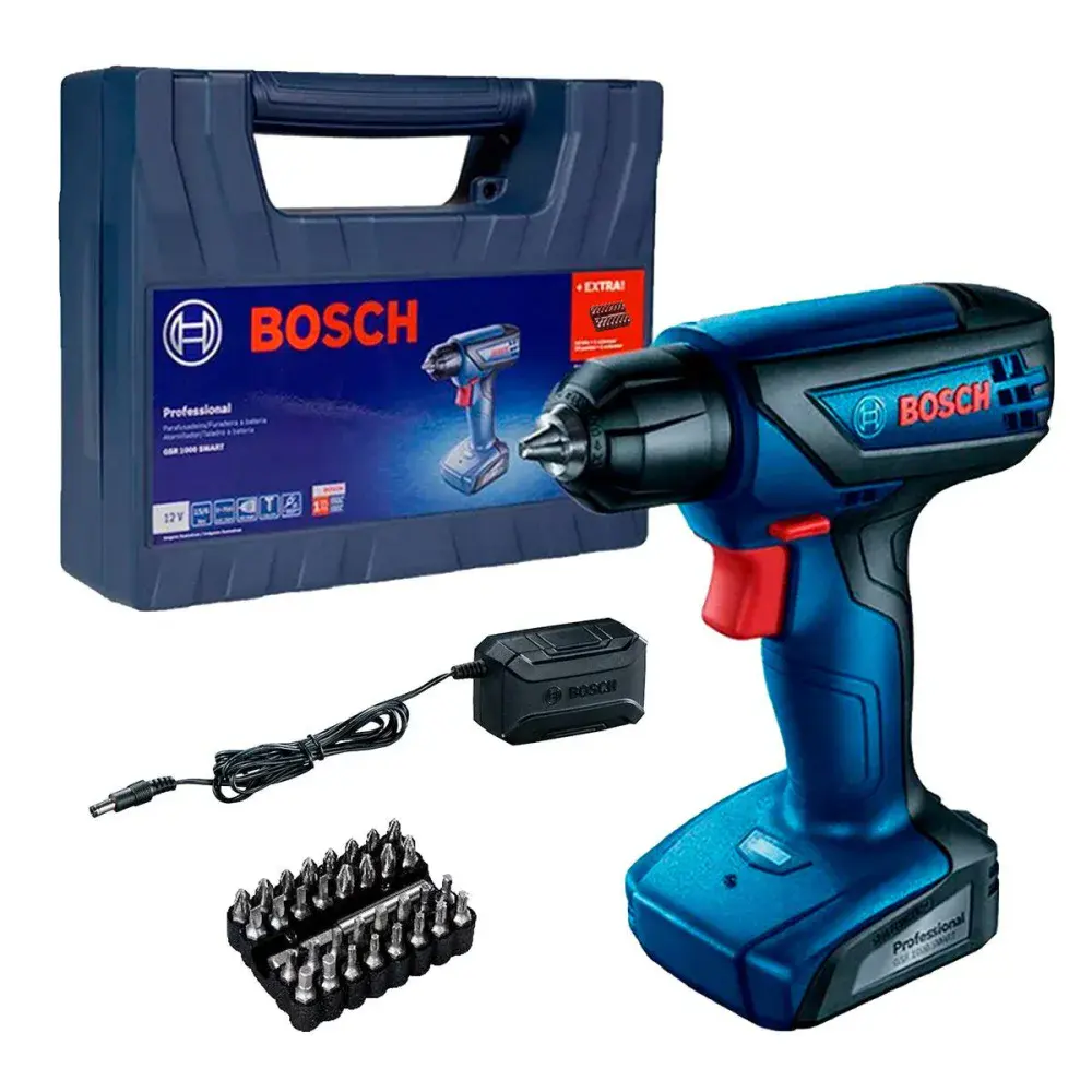 Furadeira parafusadeira GSR1000 smart 12V com 32 bits e maleta Bosch — fotografia de referência