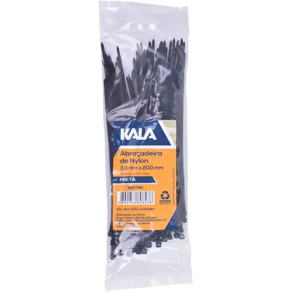 Abraçadeira nylon 3,6MM x 200MM preta 100 peç Kala — fotografia de referência