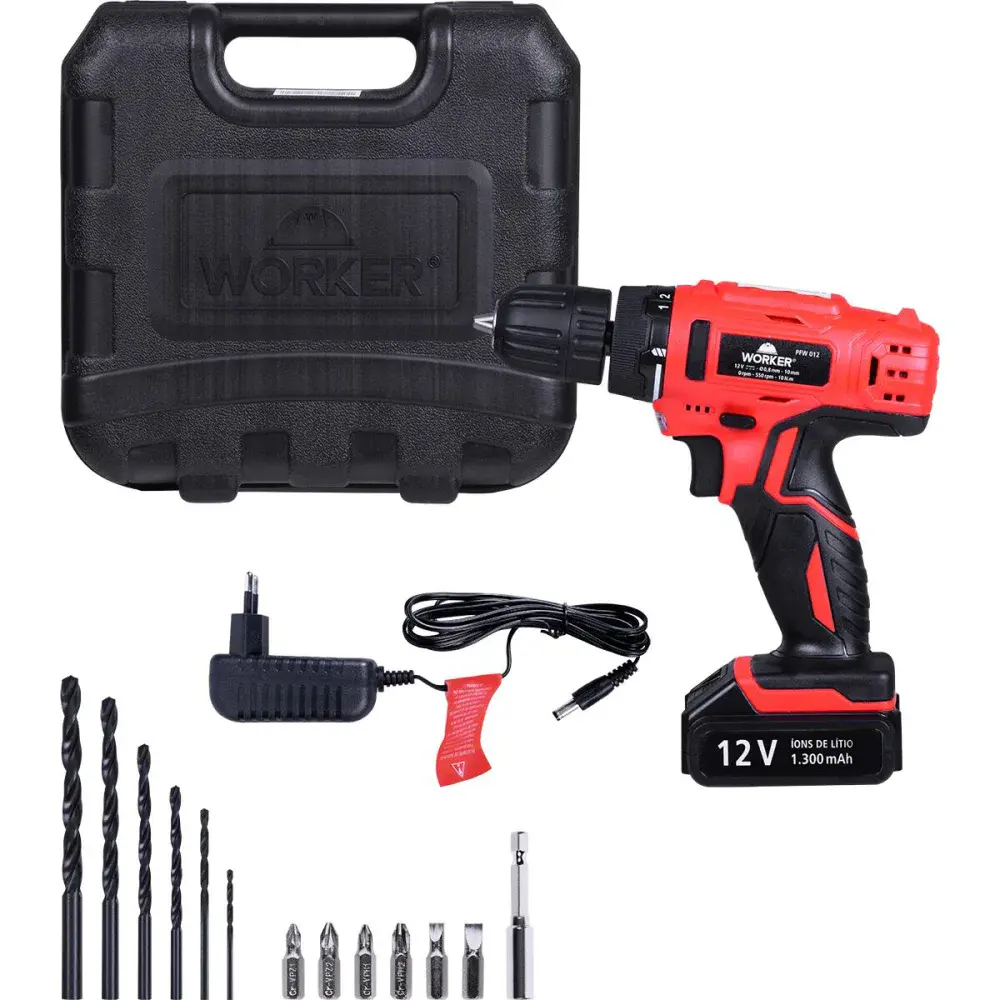 Furadeira parafusadeira a bateria com 13 peç 12V bivolt Worker — fotografia de referência