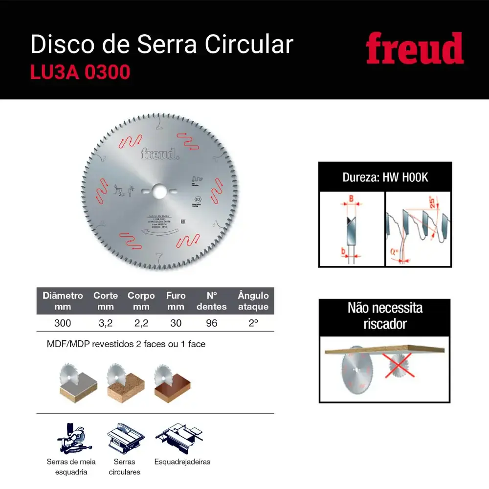 Disco serra circular 12 POL 300 MM 96D para MDF LU3A 0300 Freud — fotografia 3