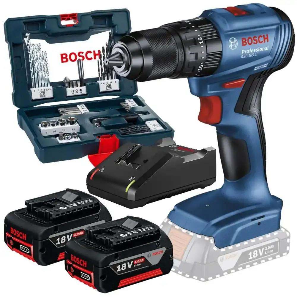 Parafusadeira de impacto 65NM brushless com 2 baterias 4,0AH carregador bivolt e estojo 41 peças Bosch — fotografia de referência