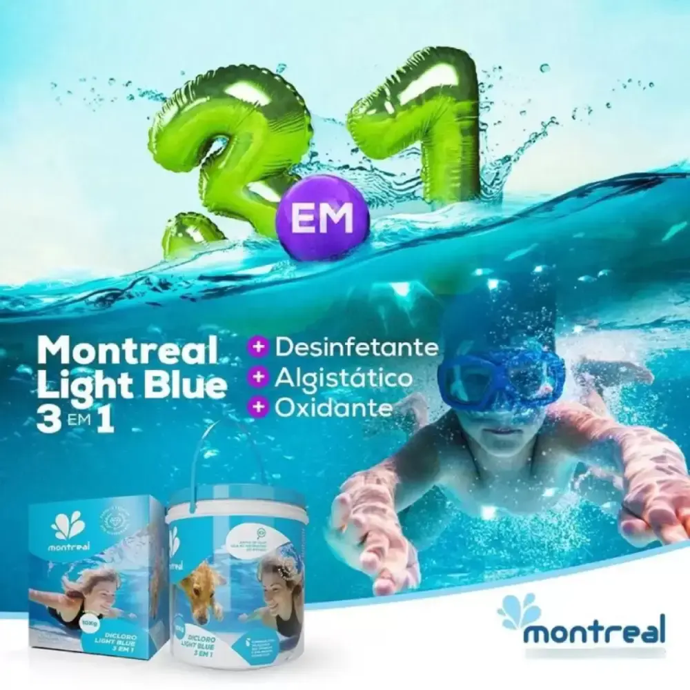 Cloro granulado dicloro de sódio para piscinas light blue balde 10 KG 3 em 1 montreal Momfort — fotografia 4