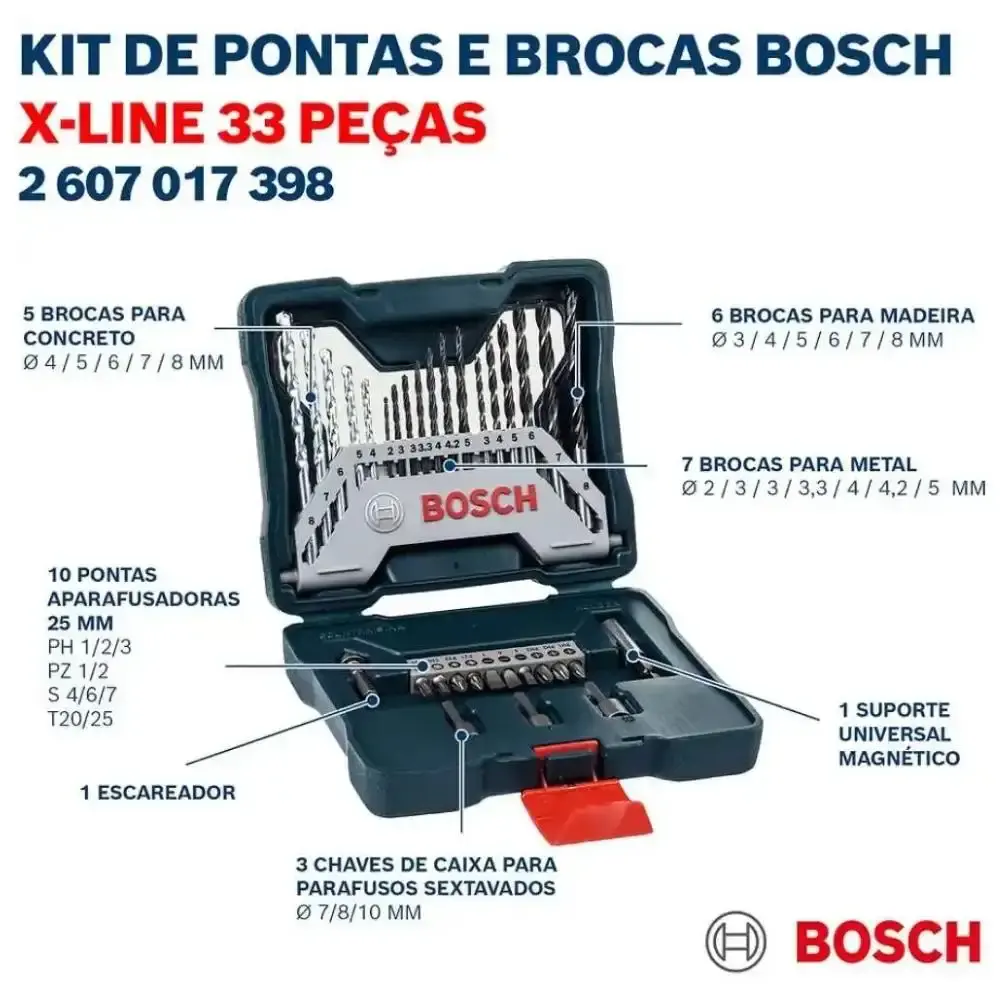 Parafusadeira de impacto a bateria 18V com maleta bateria 2.0AH bolsa e kit de pontas 33 peças Bosch Bivolt — fotografia 11