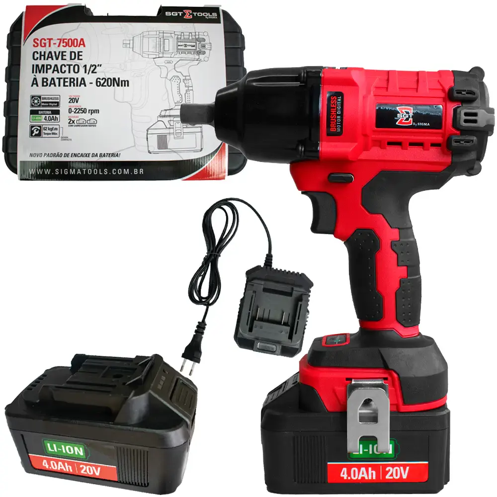 Chave de impacto 20V 1/2POL com bateria e jogo de soquetes 14 a 21 MM EVSLI-4 evald Sigma