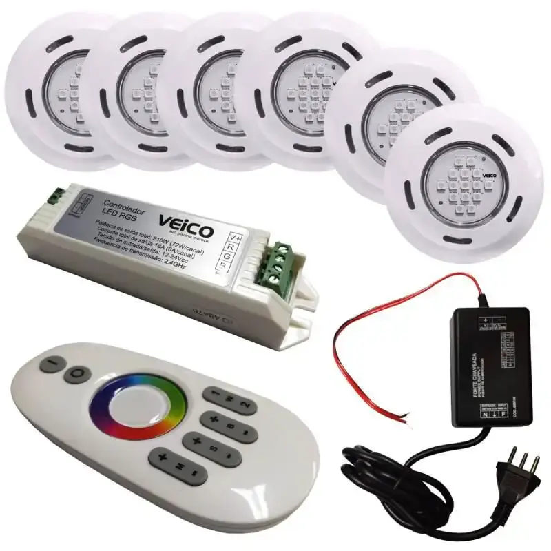 Kit iluminação para piscinas com 6 refletores. controlador RGB touchscreen LED e fonte Fluidra