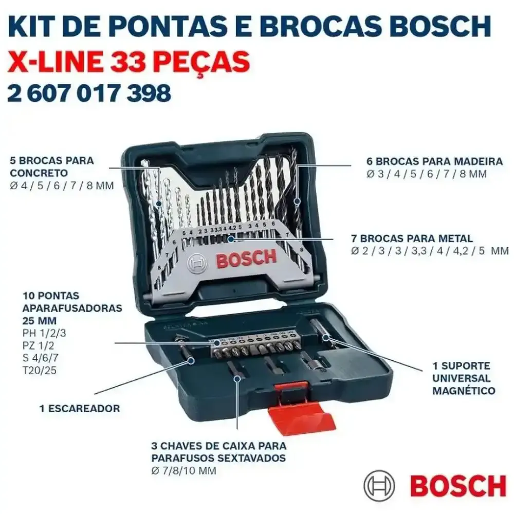 Furadeira parafusadeira 30NM e chave de impacto 100NM com maleta carregador 2 baterias 2,0 ah e kit de pontas 33 peças Bosch Bivolt — fotografia 8