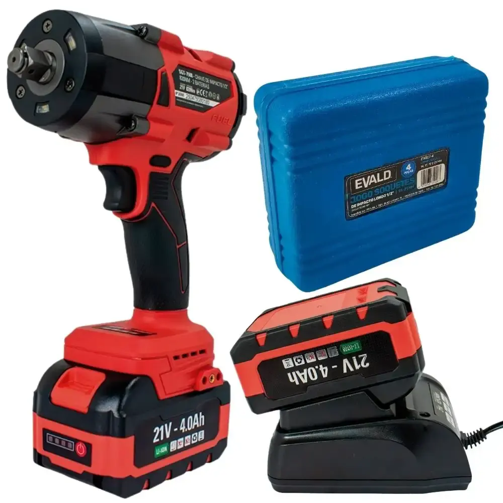 Chave de impacto 1/2 POL 21V 2 baterias carregador e maleta Sigma com kit soquetes 4 peças evald — fotografia 4