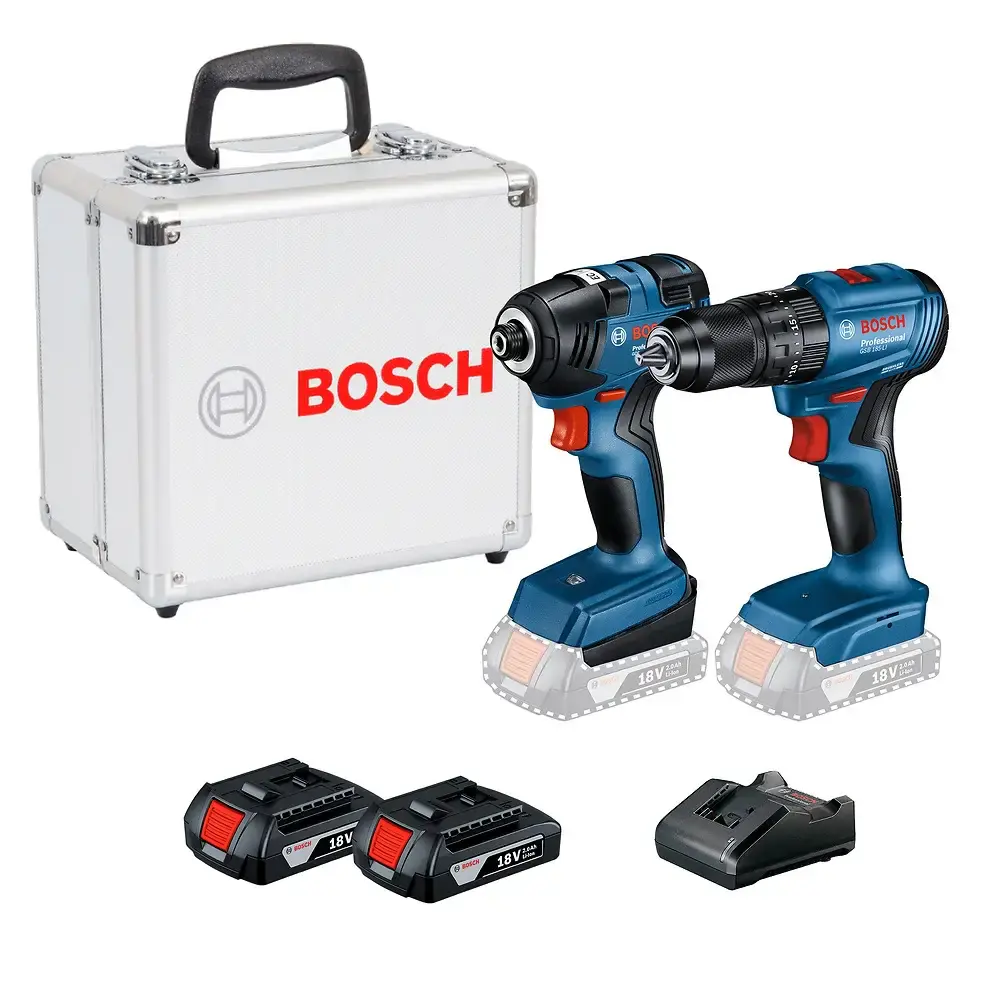 Parafusadeira furadeira impacto GSB 185-LI + chave de impacto GDR 18V-200, 2 baterias e maleta Bosch — fotografia de referência
