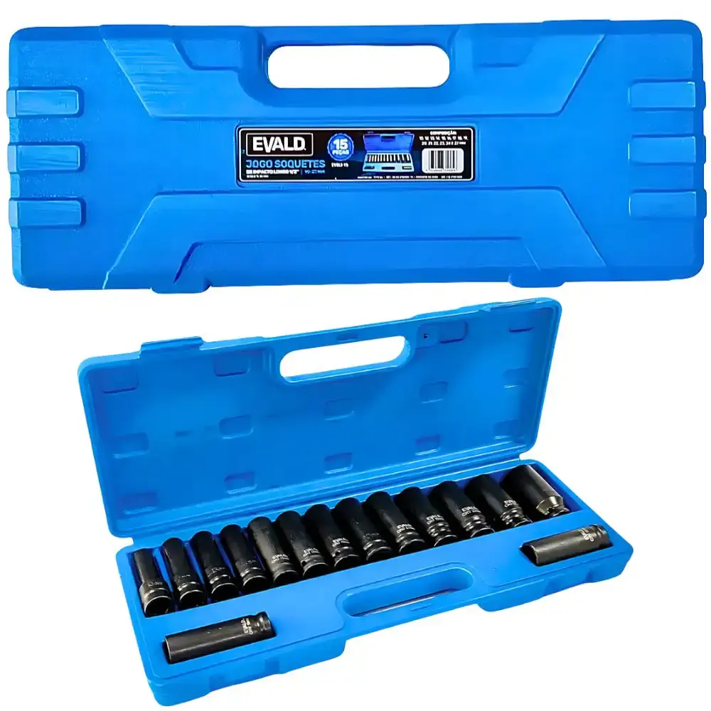 Jogo soquetes longos de impacto 1/2 POL de 10 a 27 MM kit 15 peças EVSLI-15 Evald — fotografia 5