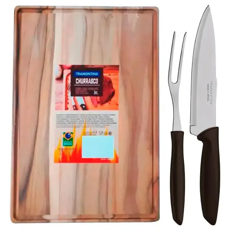 Kit churrasco com faca. garfo trinchante e tábua de madeira Tramontina