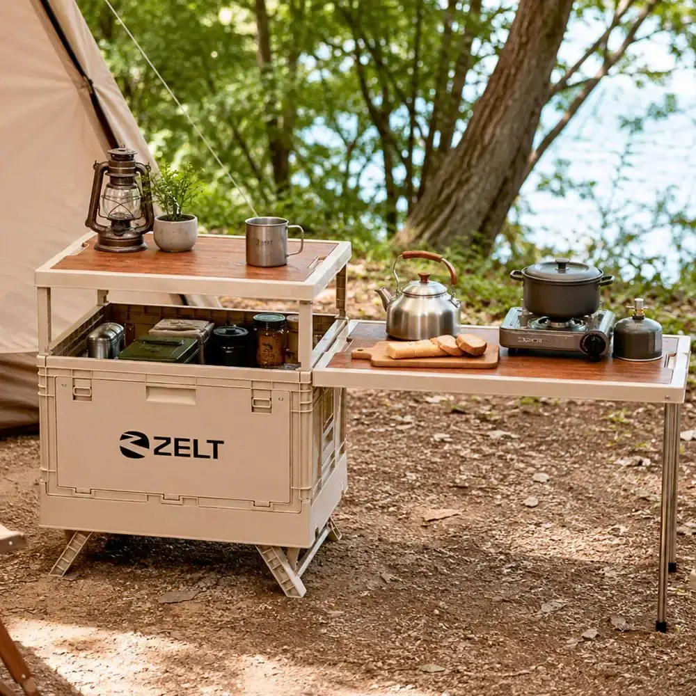 Caixa de armazenamento camping cozinha multifuncional dobrável com mesa lateral Zelt — fotografia 3