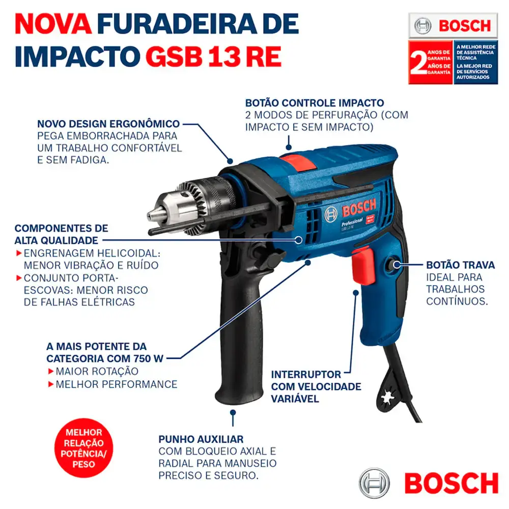 Furadeira impacto 1/2 pol 750W 12B8 com 5 brocas GSB 13RE Bosch 110 V — fotografia 9