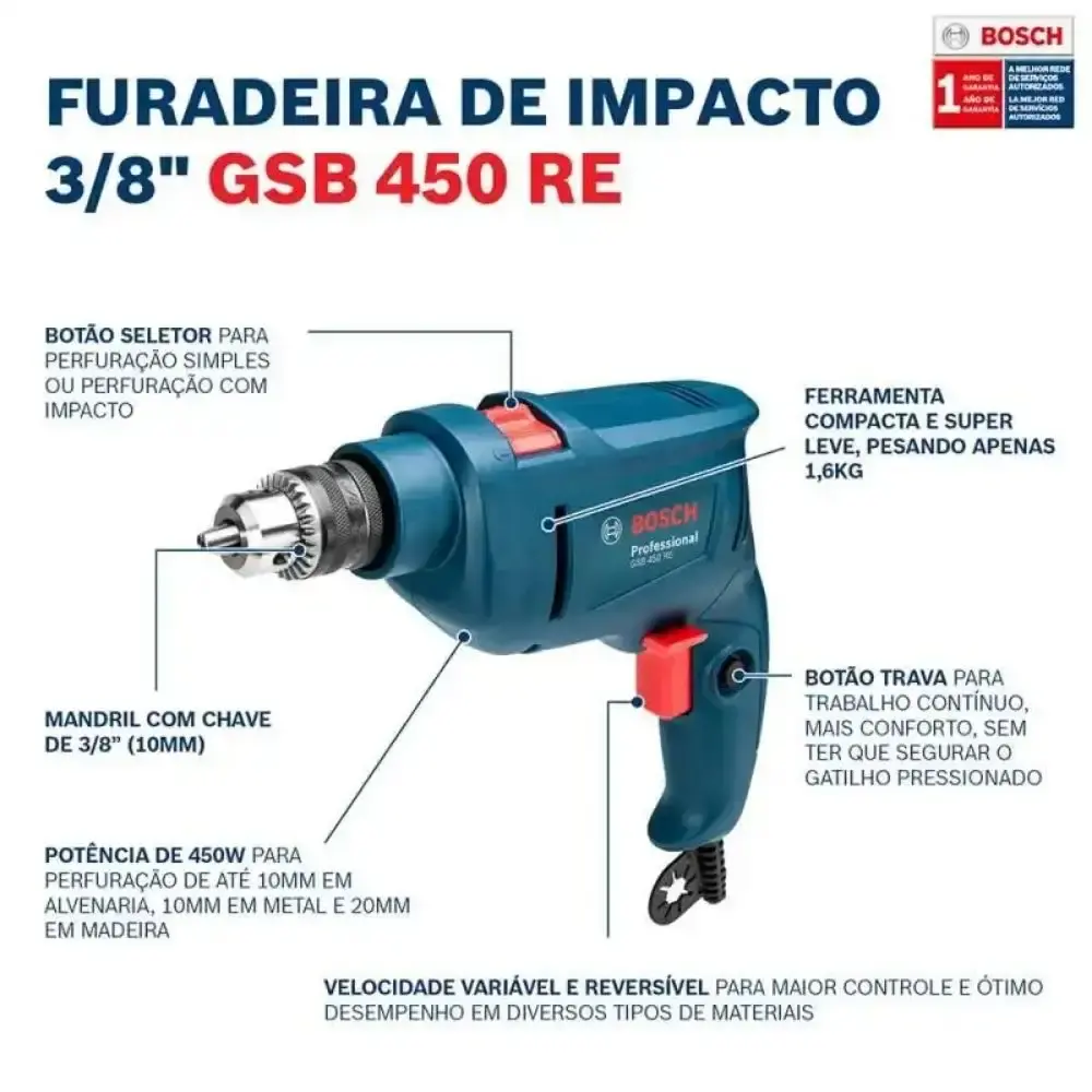 Furadeira de impacto industrial 3/8POL 450W com kit de pontas 30 peças Bosch 220 V — fotografia 5