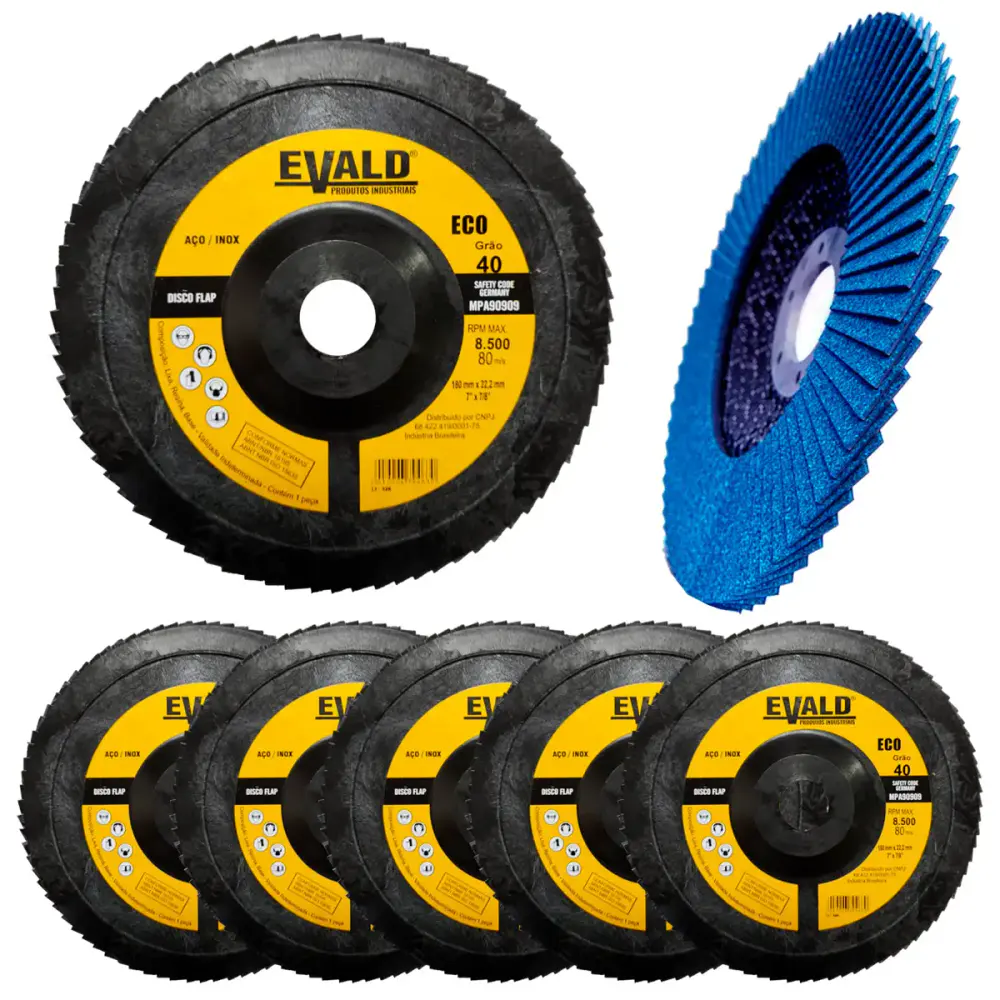 Disco de Lixa Flap 7 POL 180 mm Aço Inox Grão 40 Kit 5 Unidades EVALD — fotografia de referência